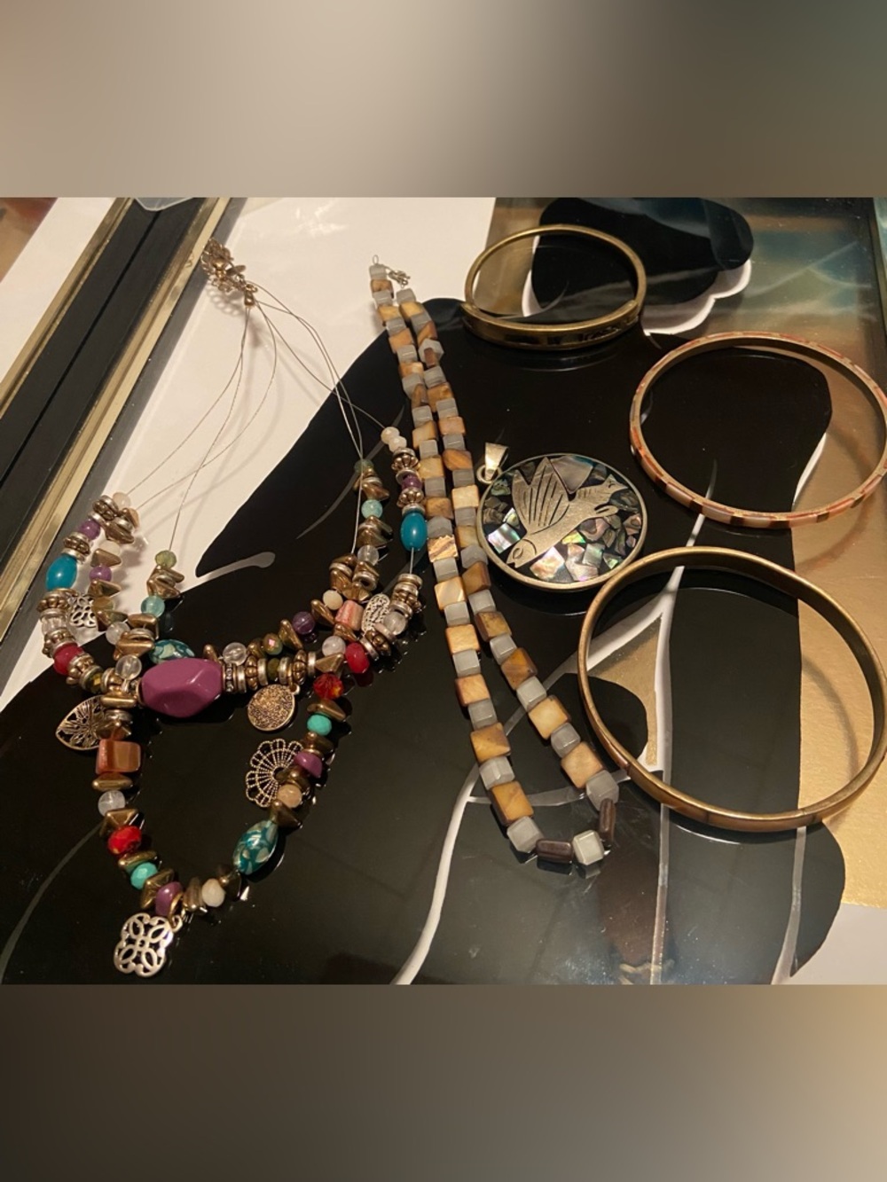 M&S Necklace, Abalone Double Sided Pendant/Mexico, 3 Bracelets, and Mop Neck#111